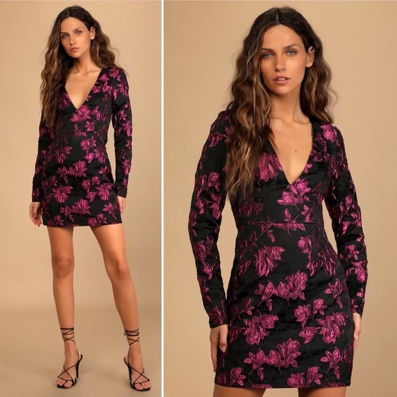 Lulus Elegant Taste Black and Pink Floral Jacquard Mini Dress size medium - Picture 1 of 7